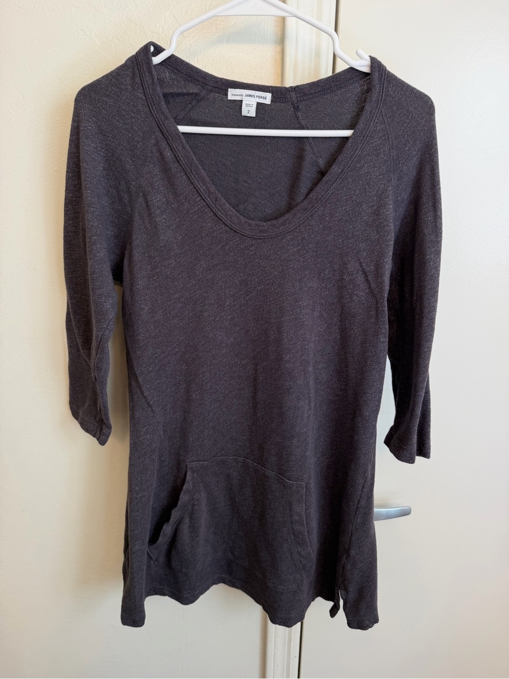 James Perse Lagenlook Charcoal Scoop-Neck Tunic with Kangaroo Pocket Size 2